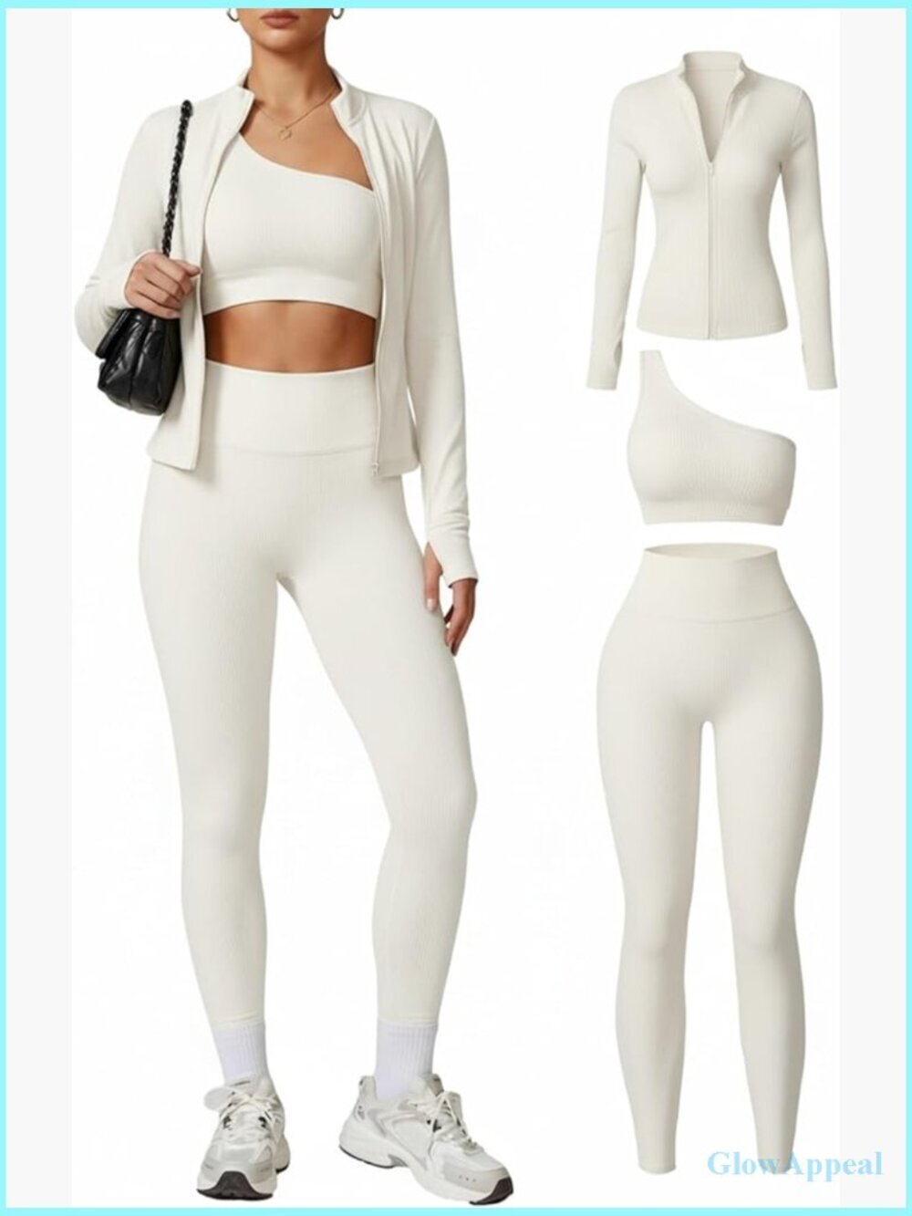 3 Piece Seamless Workout Set Sports Bra Leggings Zip Jacket Thumbhole